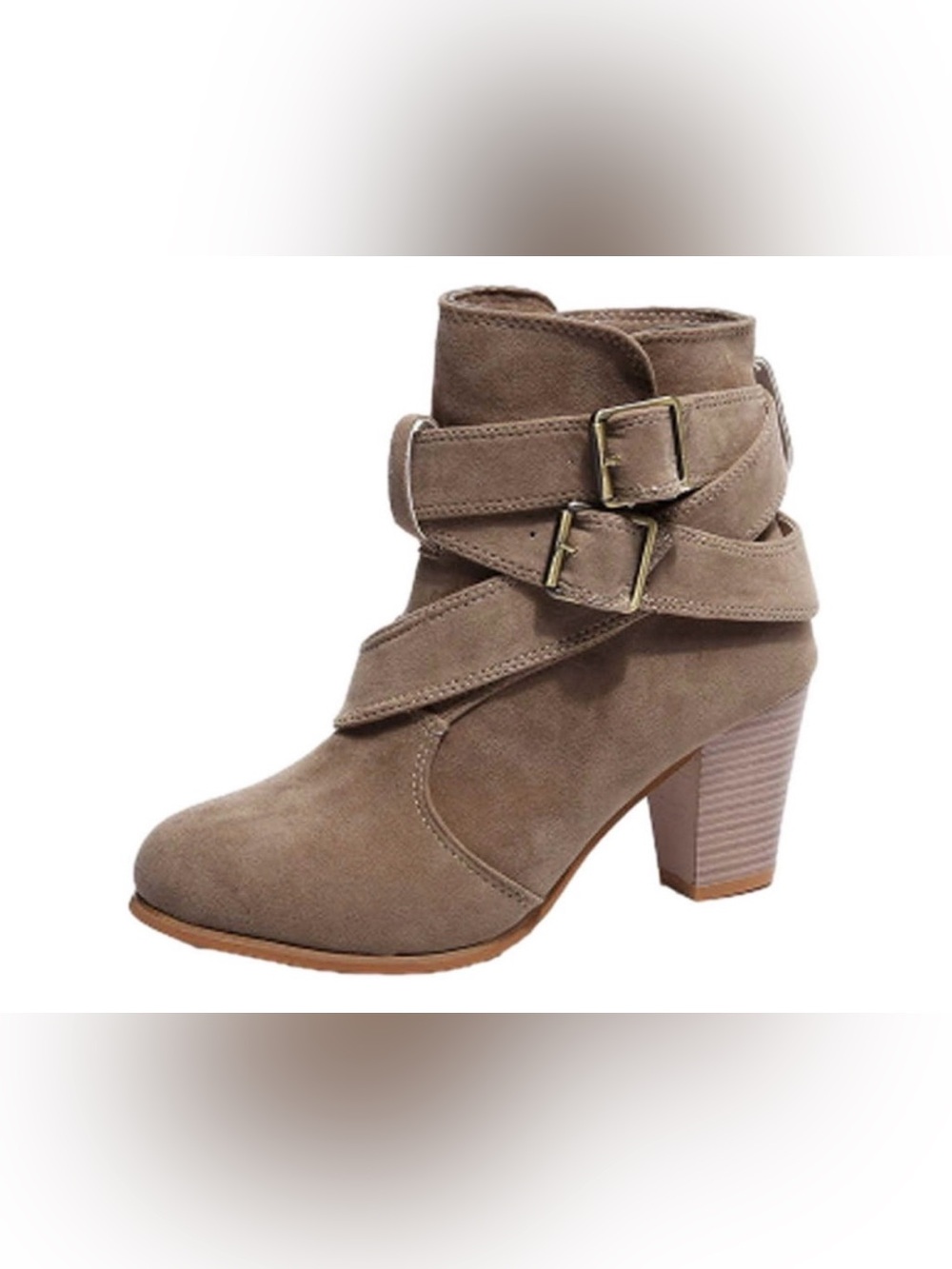 Suede Buckle Strap Ankle Boot - Taupe